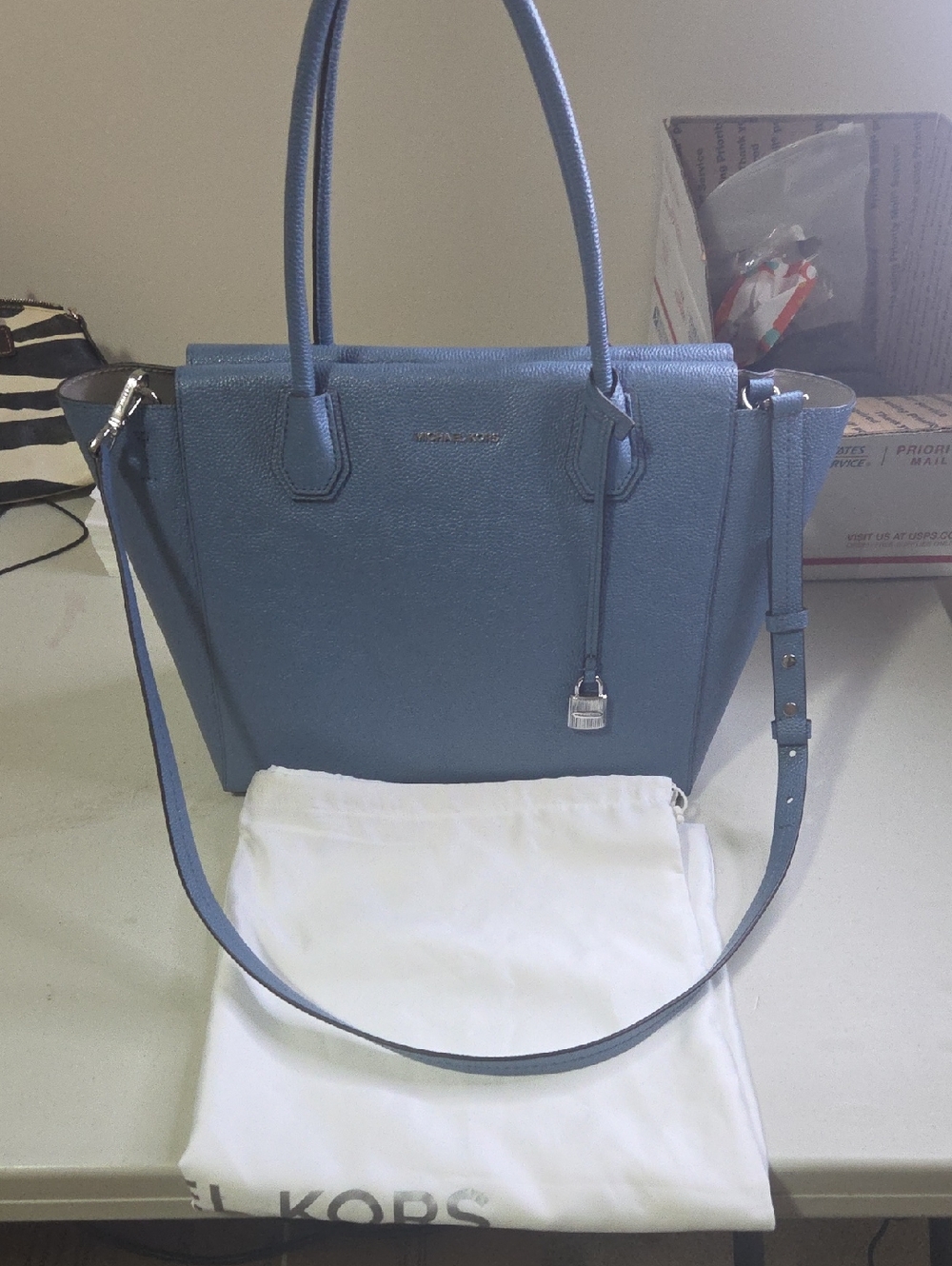 Michael Kors Mercer Denim Blue Saffiano Leather Tote with Lock Charm